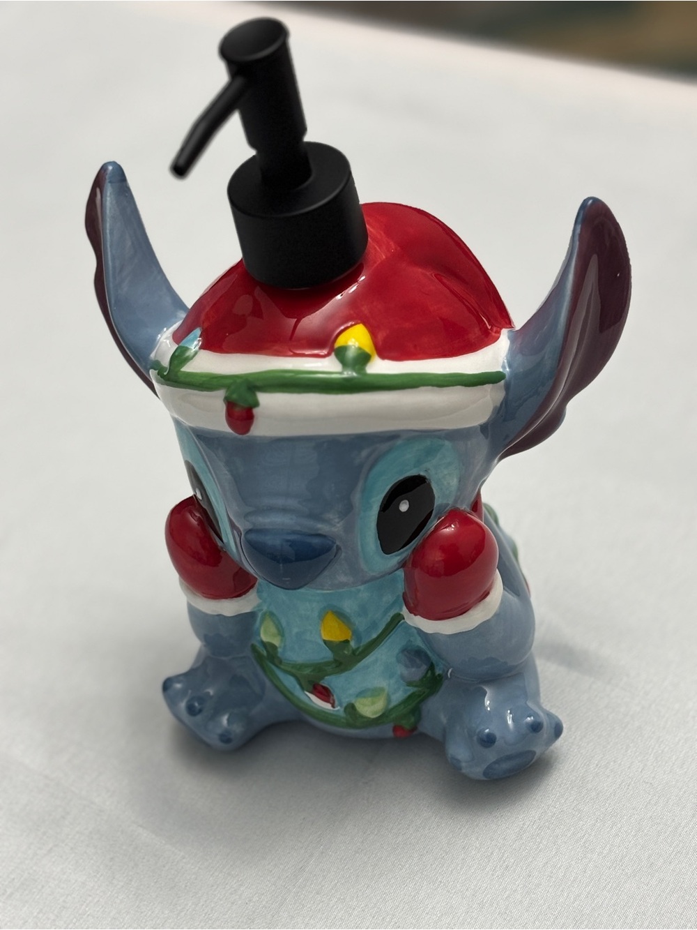 Disney Blue Stitch Ceramic Holiday Soap Dispenser with Red Hat